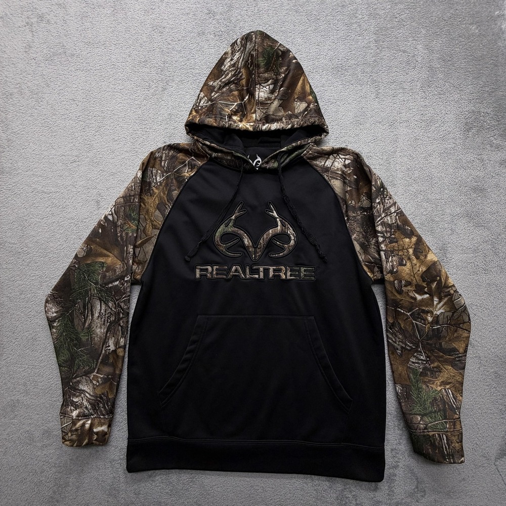 Realtree Hoodie Mens Medium Black Camo Raglan Sleeves Logo Hunting Pullover